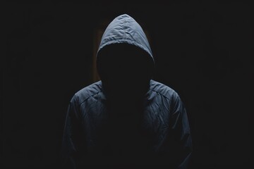 Shadowy Figure in the Dark: Mysterious hooded individual shrouded in darkness, creating a sense of intrigue and suspense. Perfect for thriller, mystery, or crime-related projects.
