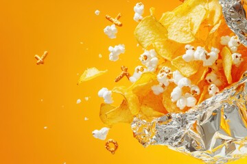 A bag of chips is being blown open, with the chips and popcorn flying out