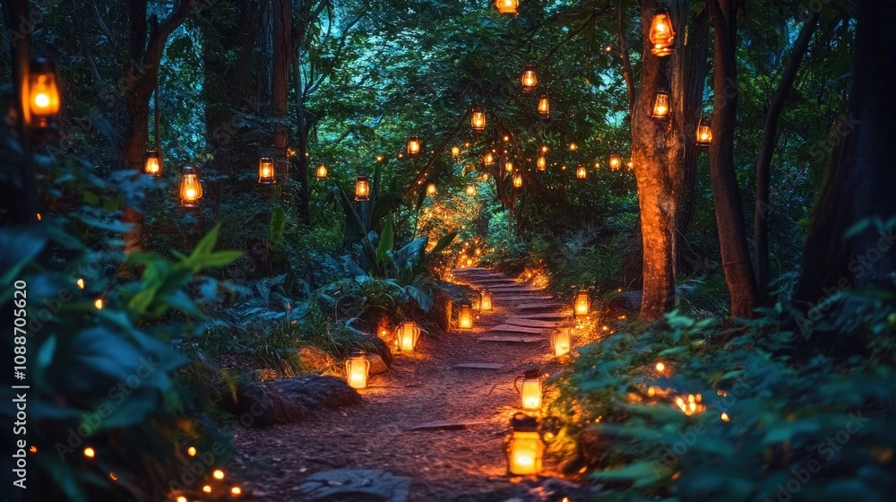 Poster a peaceful forest pathway bathed in twilight light, with glowing lanterns and sparkling lights creat