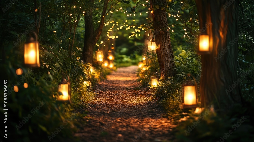 Poster a peaceful forest pathway bathed in twilight light, with glowing lanterns and sparkling lights creat