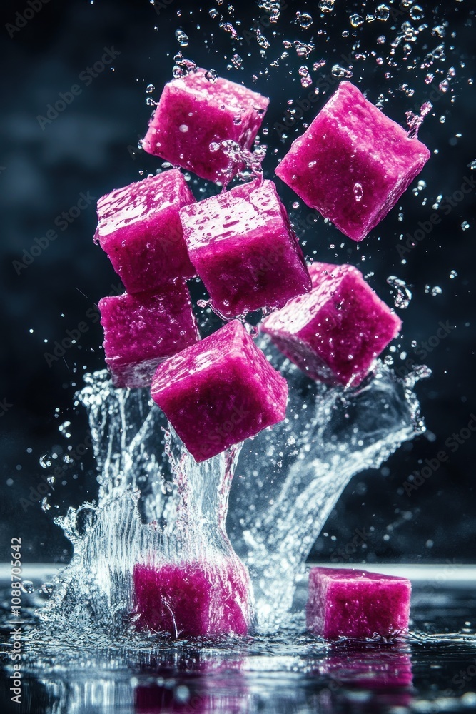 Poster vibrant pink cubes splash into water, creating dynamic motion and visual interest.