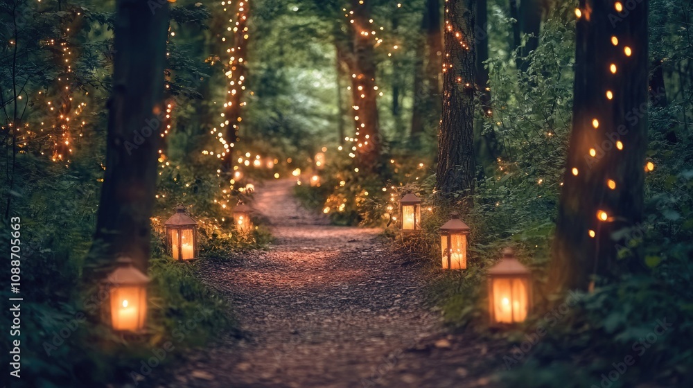 Poster A peaceful forest pathway bathed in twilight light, with glowing lanterns and sparkling lights creating a magical atmosphere.