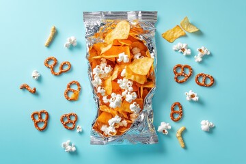 A bag of chips is being blown open, with the chips and popcorn flying out