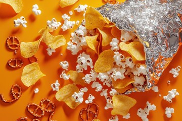 A bag of chips is being blown open, with the chips and popcorn flying out