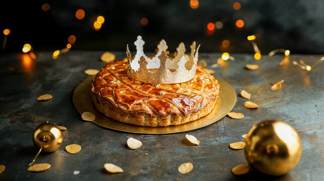galette de rois avec une couronne en papier dor&eacute; pos&eacute;e dessus