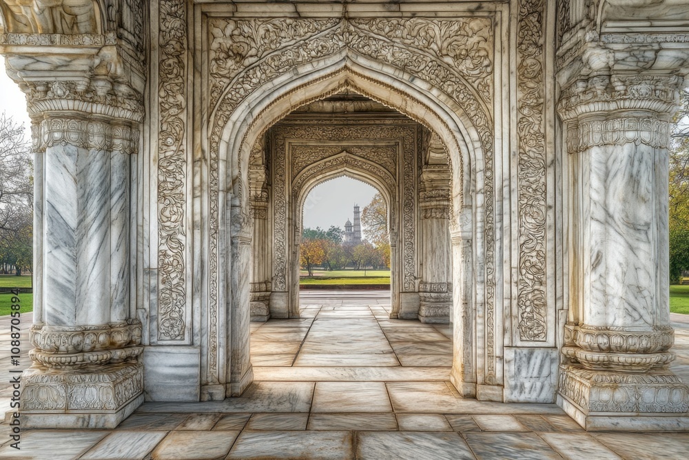 Poster the archway is carved with intricate designs and is white in color