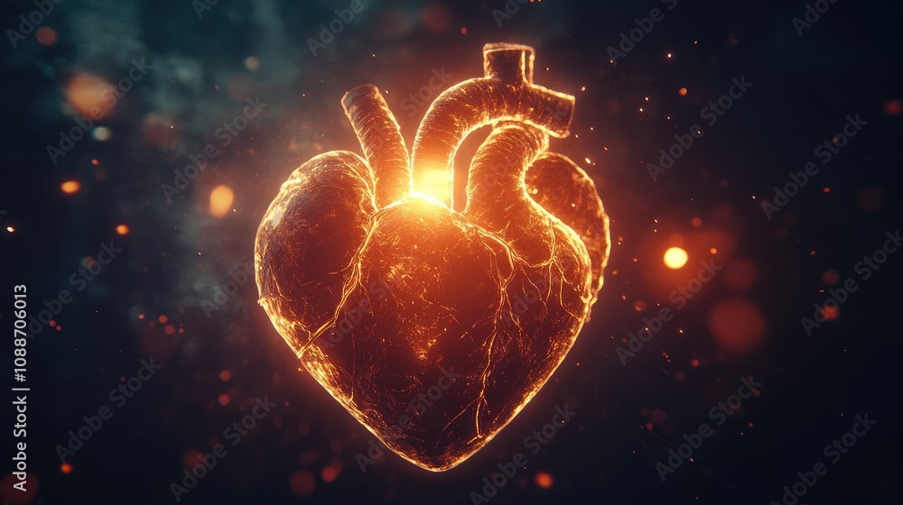 Poster a radiant heart with an electrocardiogram line pulsing in the dark, symbolizing vitality and the ess