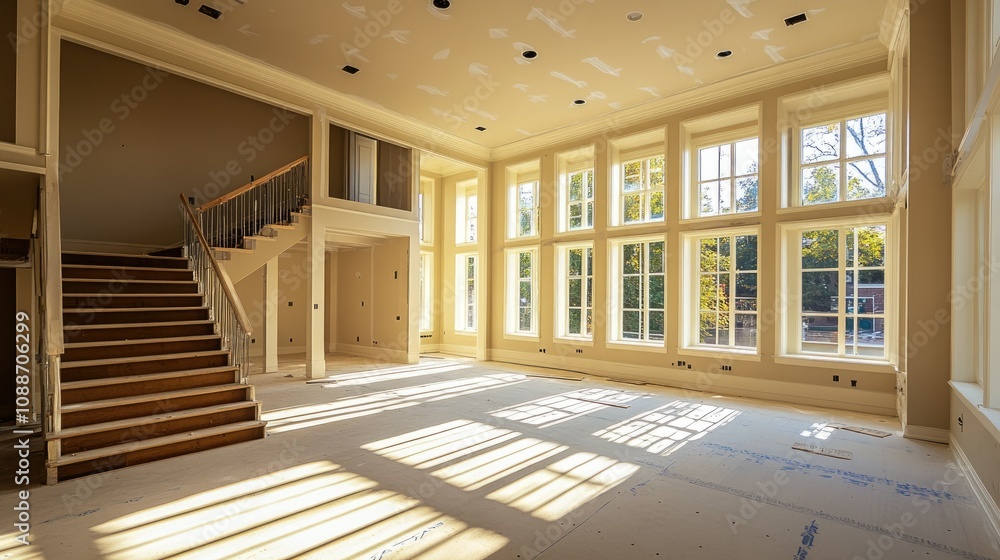 Poster A spacious empty room with several windows and a staircase, under construction, with new windows being installed on each floor.