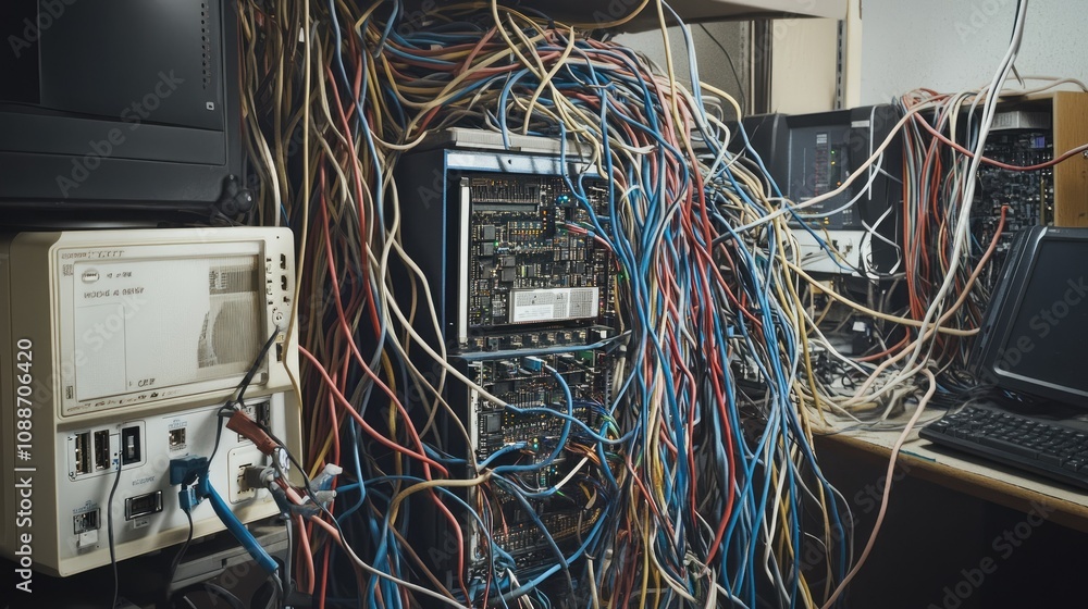 Poster A tangled mess of wires around a malfunctioning computer tower, creating chaos in the workspace, highlighting the dangers of disorganized cables.
