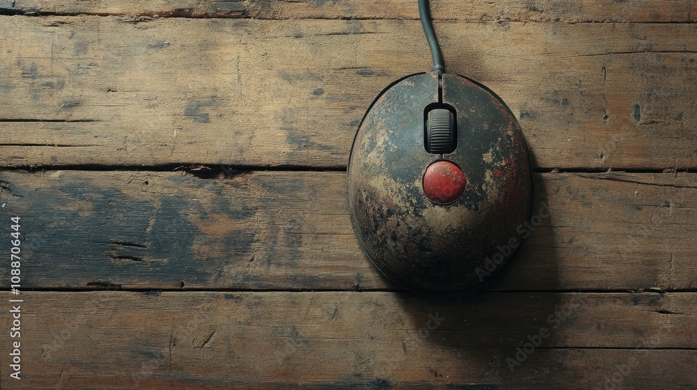 Aufkleber A trackball computer mouse with worn-out buttons and scuffs, lying on a wooden floor, evoking memories of early computer days.
