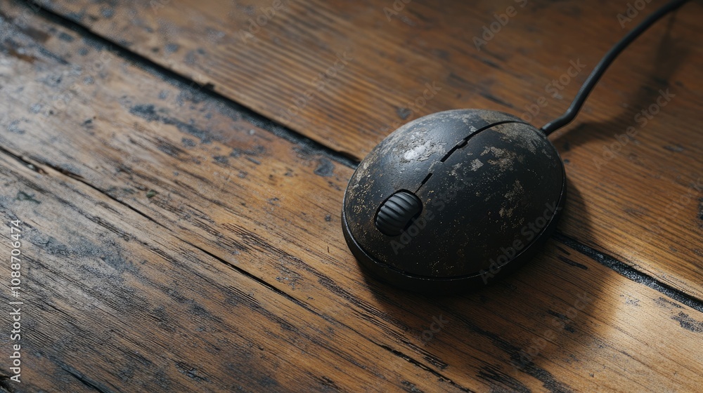 Aufkleber A trackball computer mouse with worn-out buttons and scuffs, lying on a wooden floor, evoking memories of early computer days.