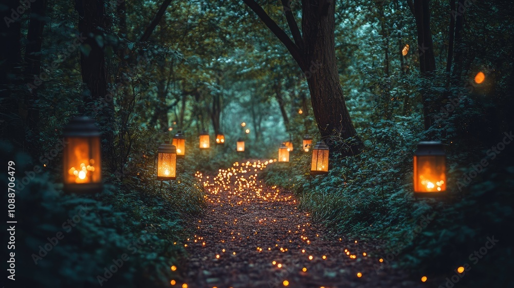 Aufkleber A tranquil forest path illuminated by lanterns, with a sprinkle of sparkling lights adding a mystical feel to the twilight scene.