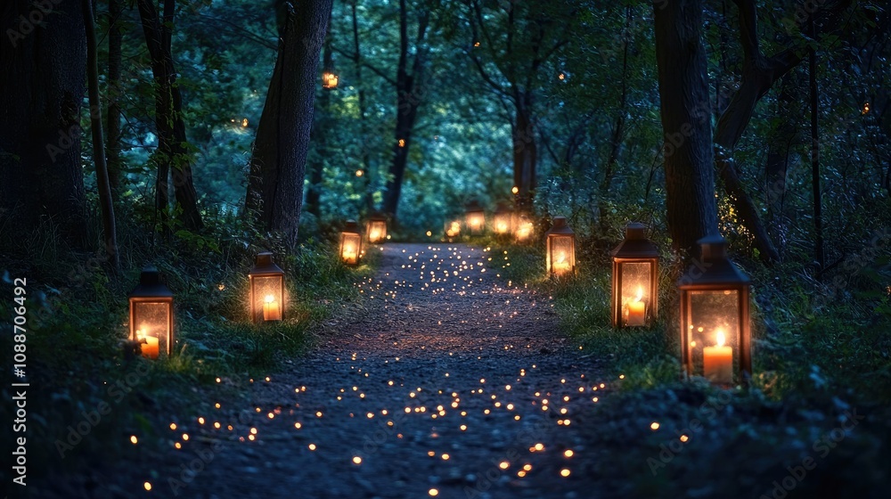 Aufkleber A tranquil forest path illuminated by lanterns, with a sprinkle of sparkling lights adding a mystical feel to the twilight scene.