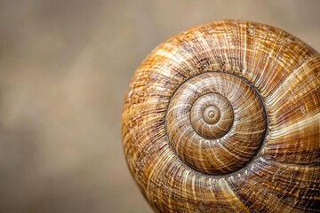 Textured macro of snail shell, earthy tones, spiral pattern, natural lighting, high detail