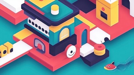 Obraz premium Abstract isometric illustration of a city with colorful buildings, geometric shapes, and a fish swimming in the foreground.