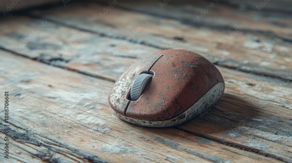 Poster a weathered, old computer mouse with a trackball, placed carelessly on a wooden floor, showing signs