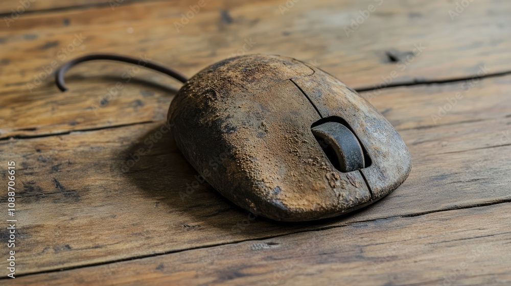 Poster a weathered, old computer mouse with a trackball, placed carelessly on a wooden floor, showing signs
