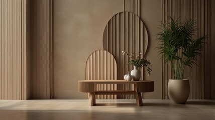 Minimalist interior with wooden coffee table, plant, and wall decor.