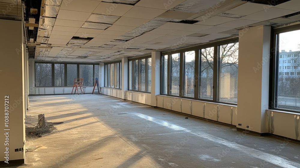 Aufkleber a wide empty room with numerous windows, where windows are being installed on each floor, showcasing