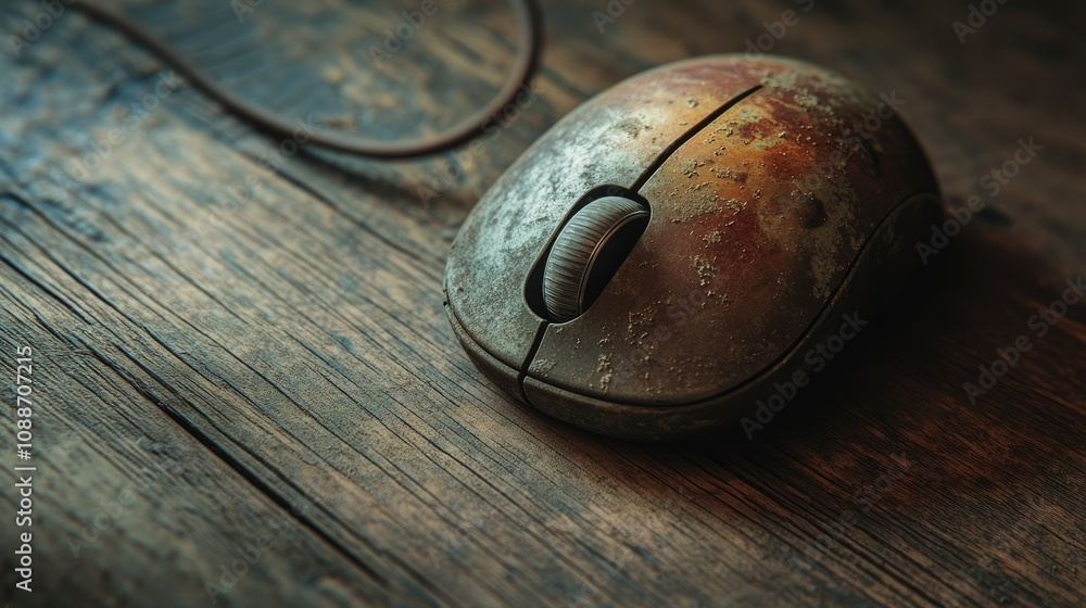 Poster A worn-out computer mouse with a trackball, abandoned on a wooden floor, symbolizing outdated technology and the passage of time.