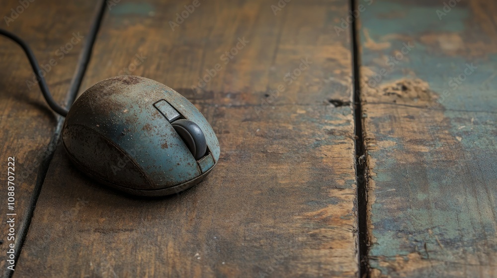 Poster A worn-out computer mouse with a trackball, abandoned on a wooden floor, symbolizing outdated technology and the passage of time.