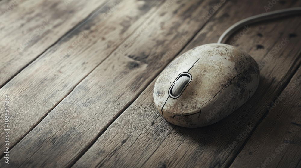 Poster A worn-out computer mouse with a trackball, abandoned on a wooden floor, symbolizing outdated technology and the passage of time.