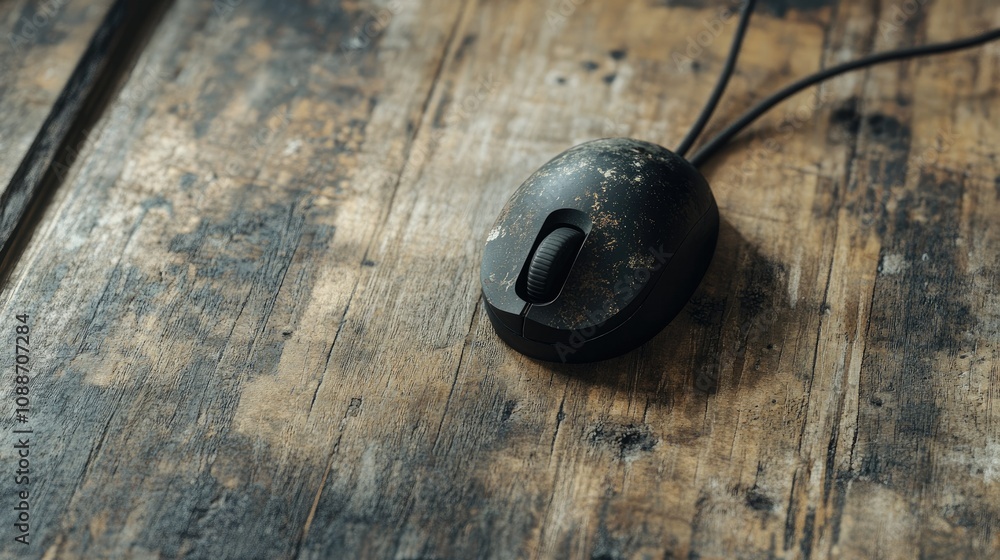 Poster a worn-out computer mouse with a trackball, placed on a weathered wooden floor, capturing the nostal