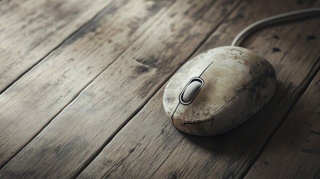 A worn-out computer mouse with a trackball, abandoned on a wooden floor, symbolizing outdated technology and the passage of time.