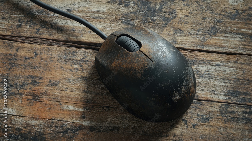 Poster a worn-out computer mouse with a trackball, placed on a weathered wooden floor, capturing the nostal