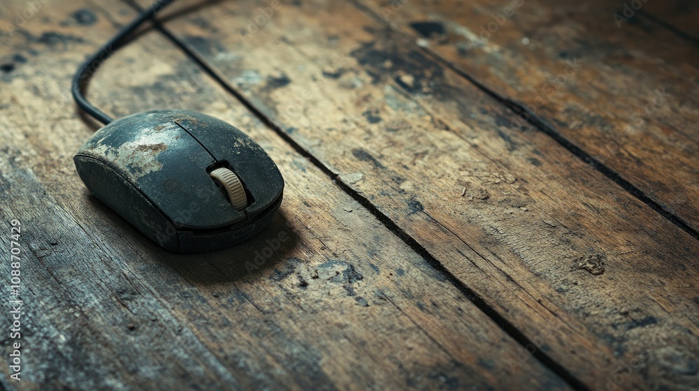 Poster A worn-out computer mouse with a trackball resting on a rustic wooden floor, showing signs of use and age in a vintage-style workspace.