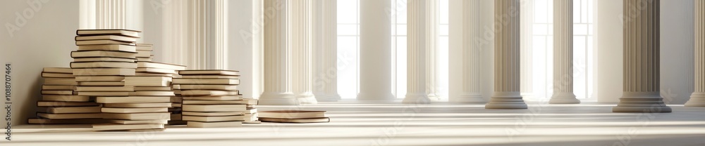 Poster A serene interior space with stacked books and elegant columns, suggesting knowledge and tranquility.