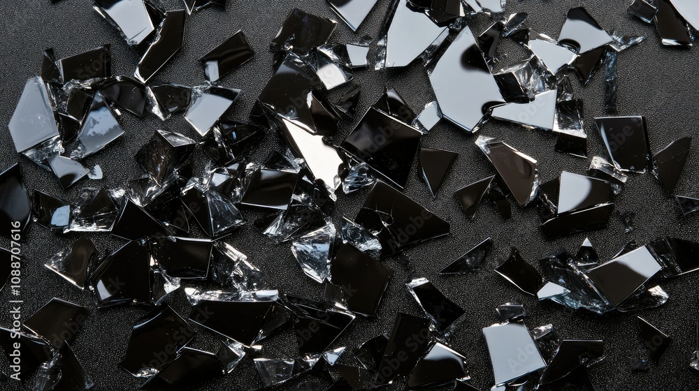 Poster Abstract shattered black glass pieces scattered across a dark surface, with sharp edges creating a dramatic contrast and reflective details.