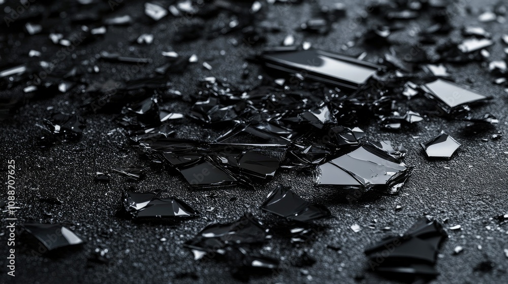 Poster abstract shattered black glass pieces scattered across a dark surface, with sharp edges creating a d