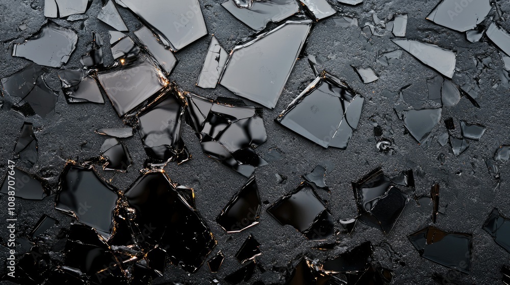 Poster abstract shattered black glass pieces scattered across a dark surface, with sharp edges creating a d
