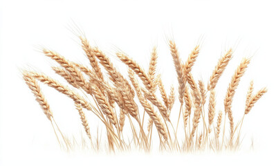 Wheat stalks in field, showcasing golden grains against white background, evoke sense of harvest and abundance