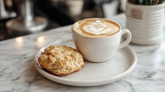 Latte art coffee with scone on marble table.