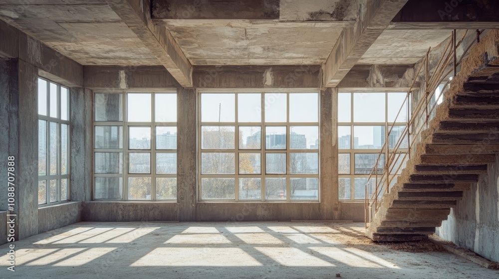 Aufkleber An empty room with numerous windows letting in natural light, and a staircase leading up to the next floor, showing the process of construction.