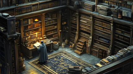 Ancient Library: Exploring Bookshelves,  Reading, Knowledge, History, Mystery, Secrets,  Scholar,  Research,  Wisdom,  Illuminated Manuscripts