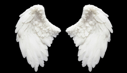 Stunning white feathered angel wings against black background, symbolizing purity and freedom. Perfect for artistic and spiritual themes