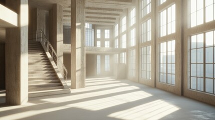 Obraz premium An empty room with numerous windows letting in natural light, and a staircase leading up to the next floor, showing the process of construction.