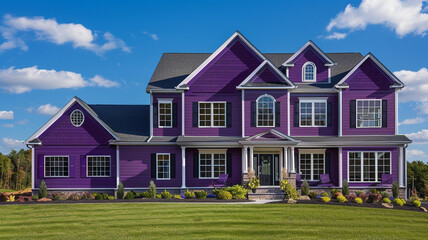A majestic violet house adorned with siding and shutters stands proudly on a large lot in the suburban subdivision, commanding attention against the vibrant blue sky.