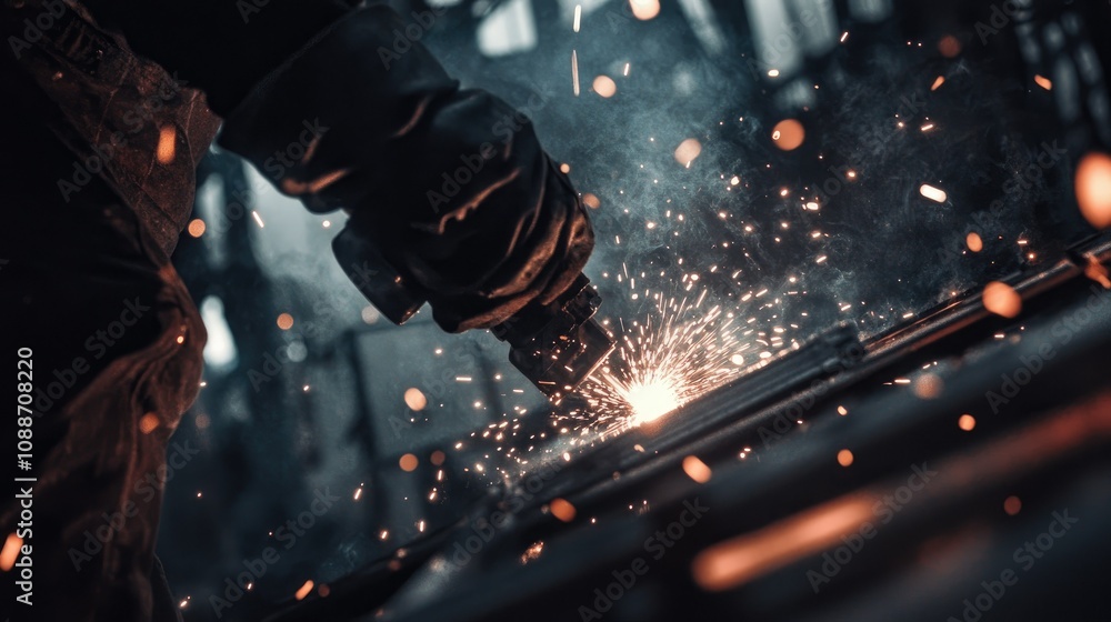 Poster close-up of a welder working on metal frames, with bright sparks flying, capturing the intensity of 