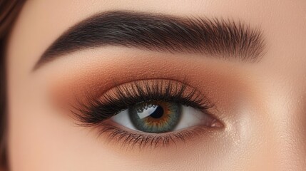 Naklejka premium Close-up of a woman eye with striking long eyelashes and soft, elegant brows, showcasing timeless beauty and refinement.