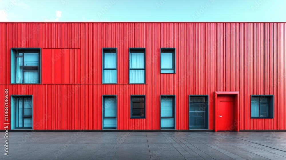 Poster modern red building with blue windows and minimalistic design.