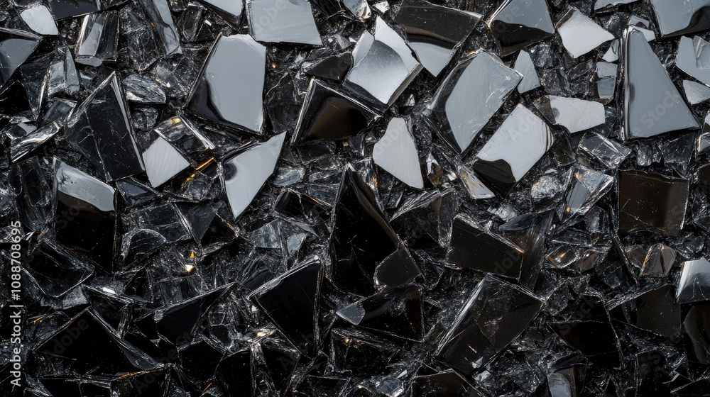 Poster close-up of shattered black glass pieces against a dark background, with sharp edges and reflective 