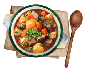 Beef stew with potatoes, carrots and herbs. Watercolor illustration