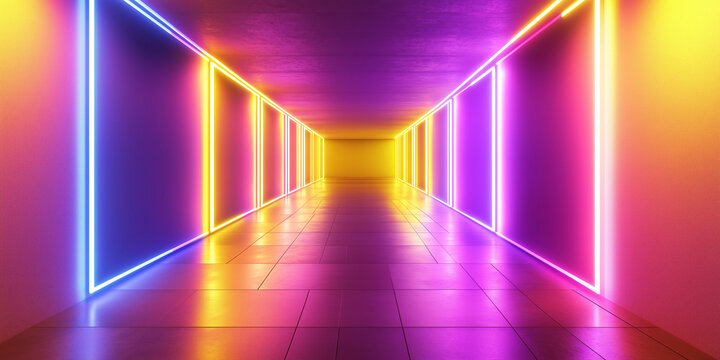 Korytarz w minimalistycznym stylu, rozświetlony jasnymi neonowymi liniami, kt&oacute;re prowadzą w głąb przestrzeni, tworząc nowoczesny i wciągający efekt świetlny.
