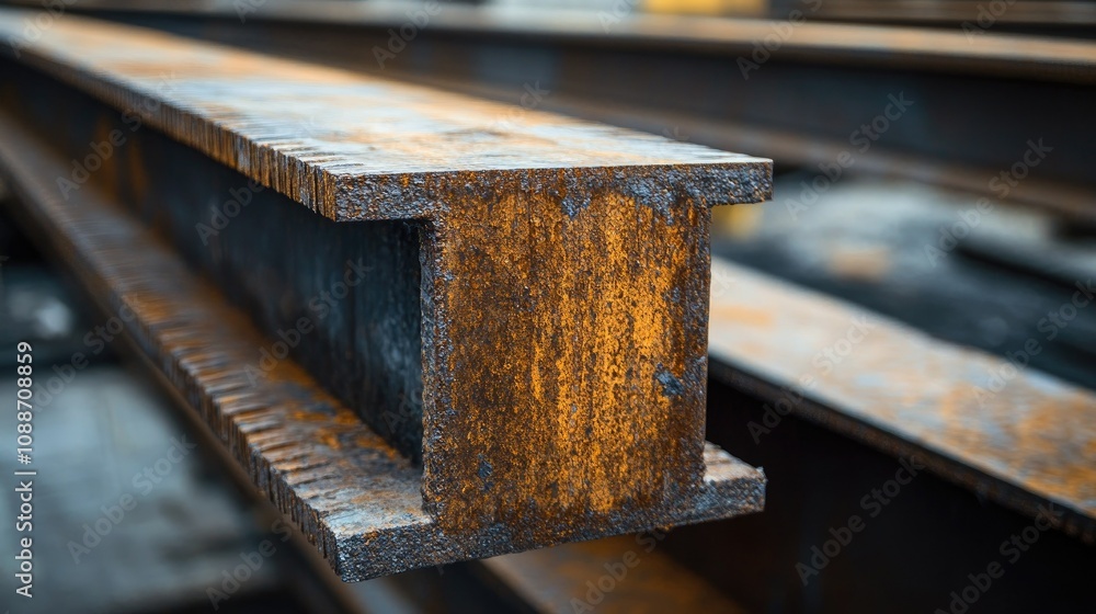 Poster close-up of steel beams with distinctive welding marks, symbolizing strength and industrial design o
