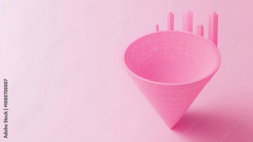 Poster A pink cone shape with vertical structures, creating a modern, abstract design.