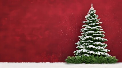 Snow-covered Christmas tree against a red backdrop.